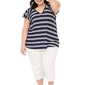 Lane Bryant 26/28 Striped T-Shirt Blue White Flutter Ruffle Short Sleeve Top Tee
